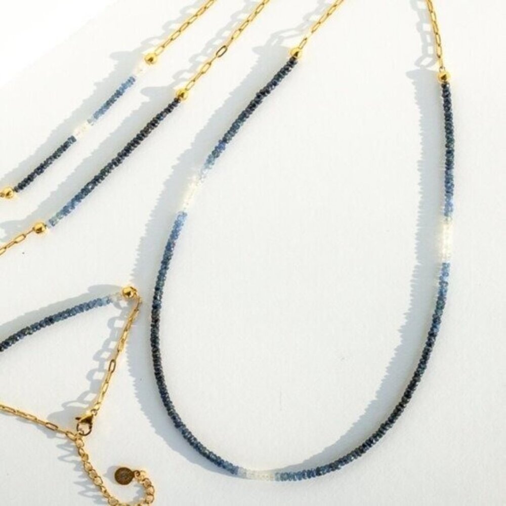 GORGEOUS Ombre Sapphire Necklace + Bracelet Set Waterproof Gold Genuine Gemstone - Picture 6 of 12